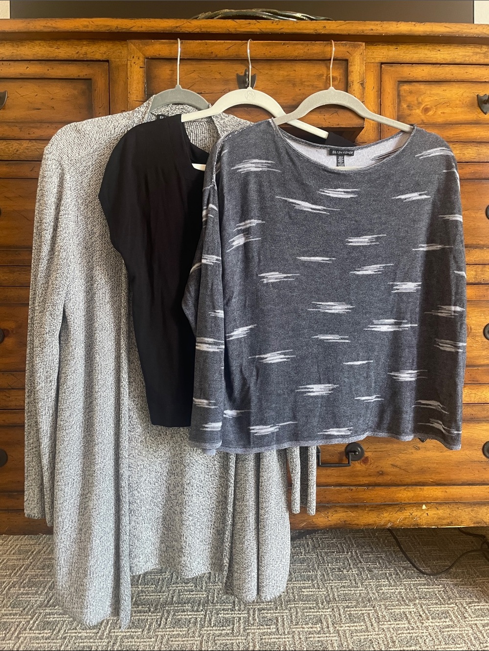 Eileen Fisher Basics Bundle Tee, Pattern Top and Light Grey Cardigan